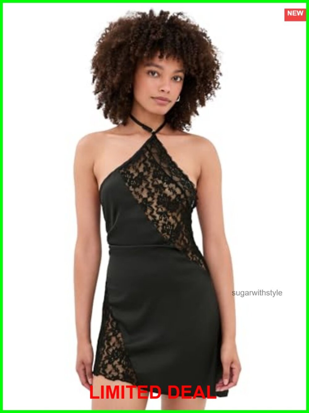 Lightweight Stretch Satin Halter Mini Dress with Lace Panels